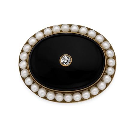 Antique Gold Black Onyx Diamond and Split Pearl Pendant Brooch