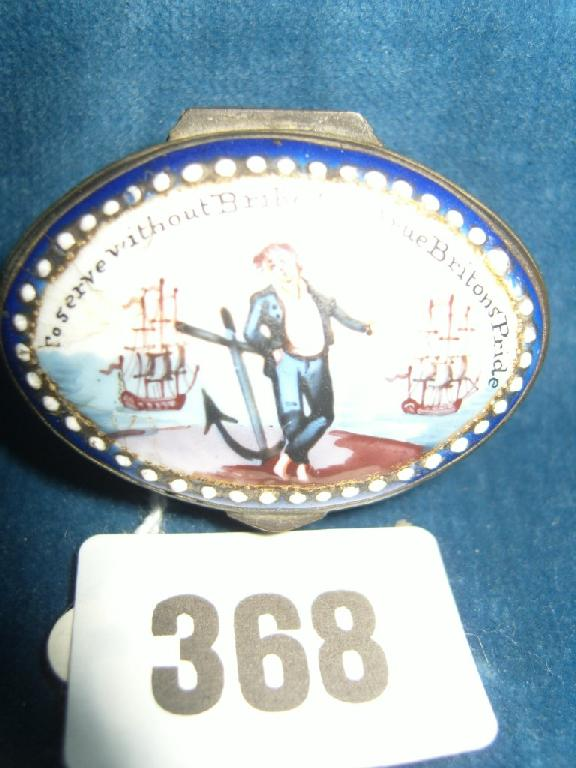 A Georgian Staffordshire enamel patch box of oval form the