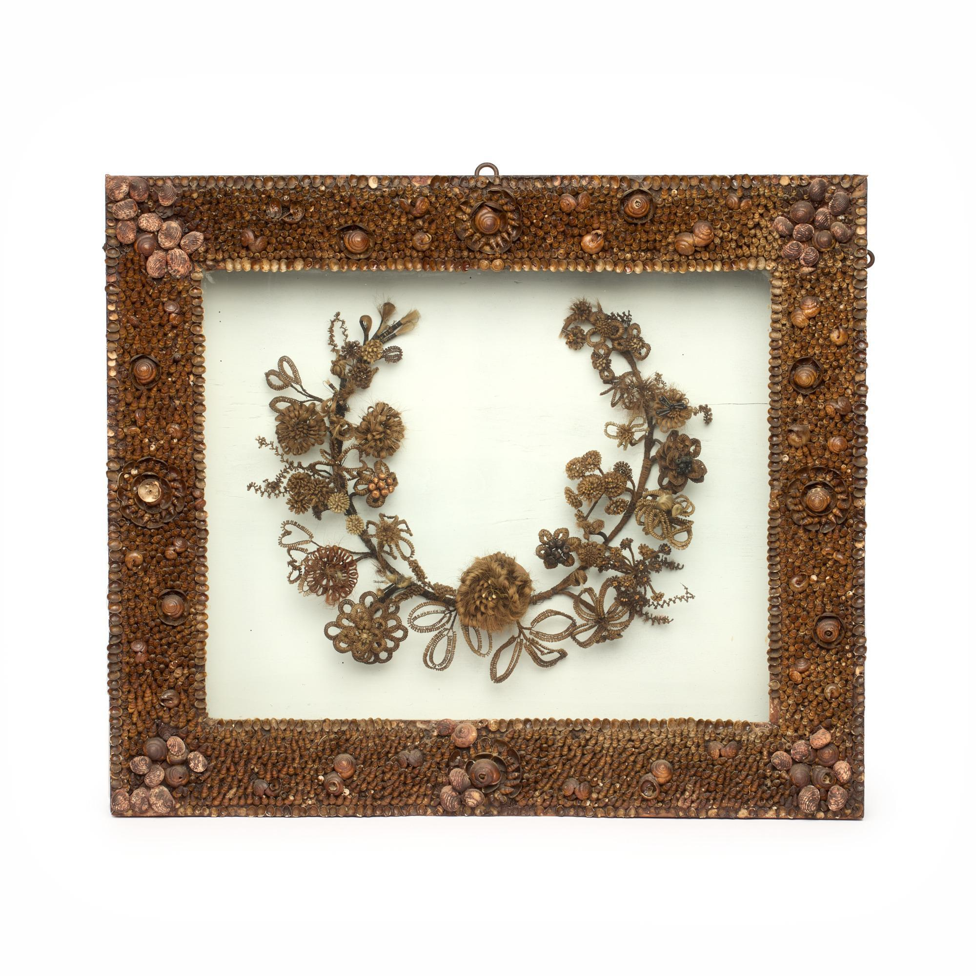 HAIR WREATH IN LARGE SHELLWORK SHADOWBOX CA 1830 A braided