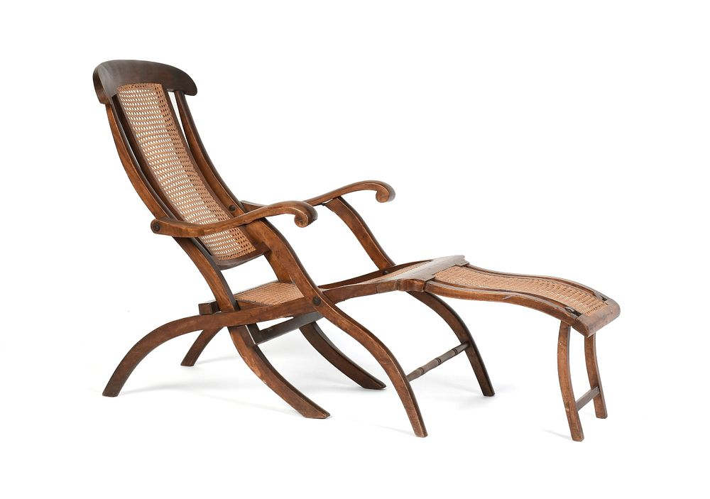 AN ANTIQUE ENGLISH CANED WALNUT FOLDING LOUNGE CHAIR INITIALED W
