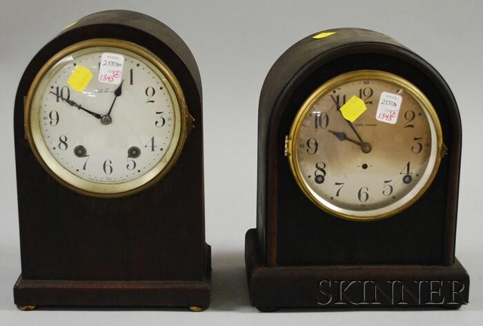 Two Seth Thomas Mahogany Veneer Chiming Mantel Clocks one with