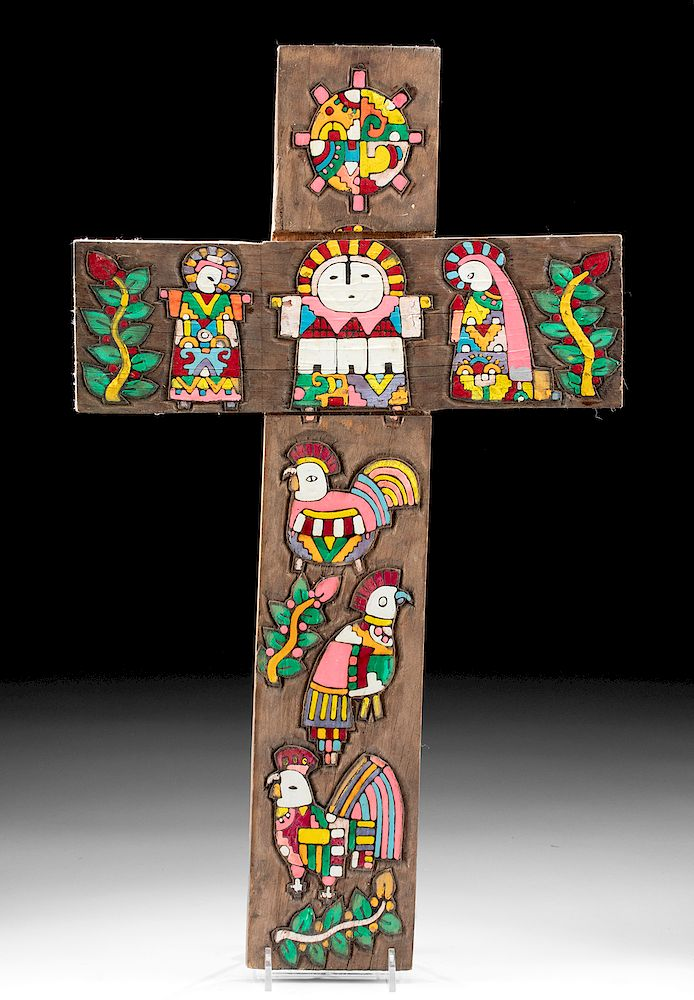 Signed Fernando Llort Painted Wood Cross ca 1980 Fernando Llort