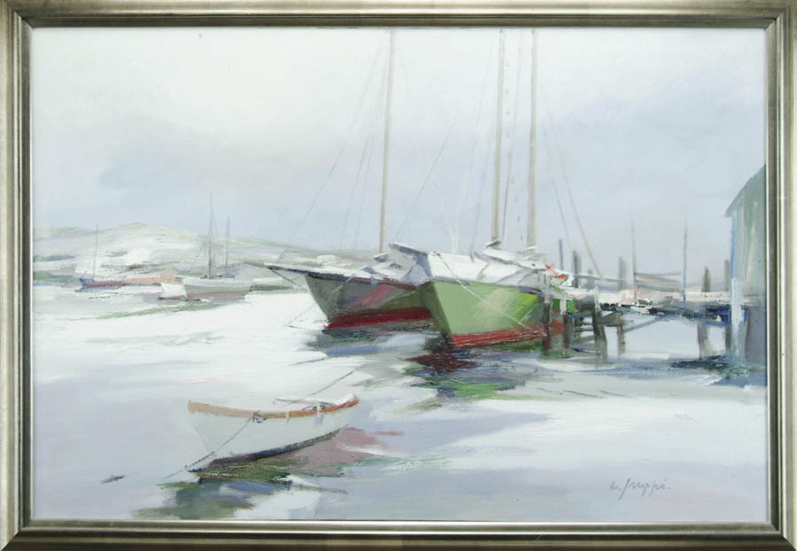 CHARLES C GRUPPE American 1928 BOATS AT DOCK Large oil