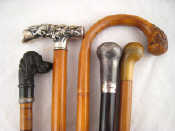 Five walking sticks comprising a Chinese dragon white metal Tau