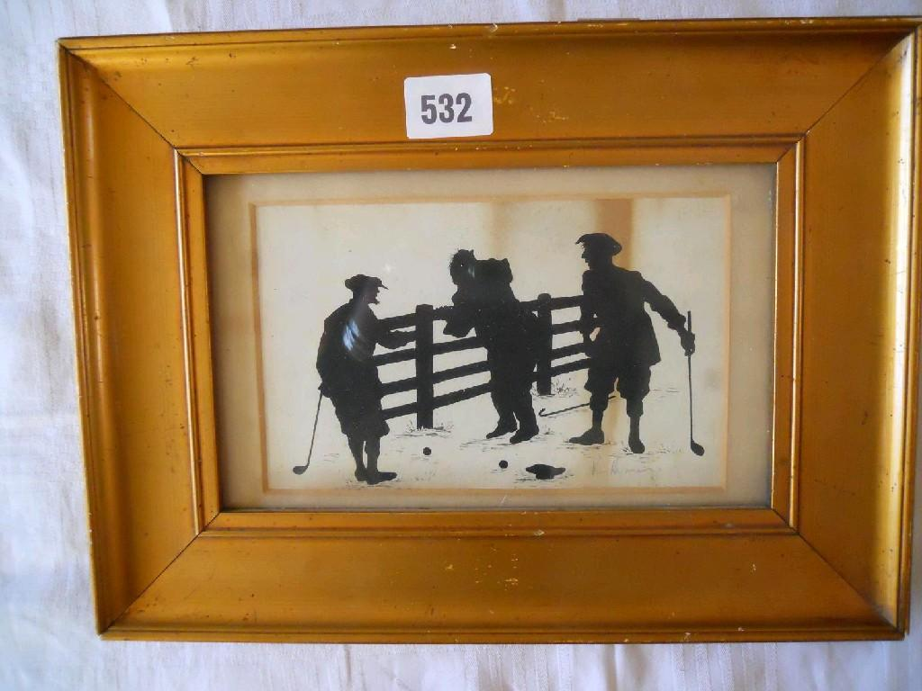 An early 20th century silhouette picture of three golfing characters