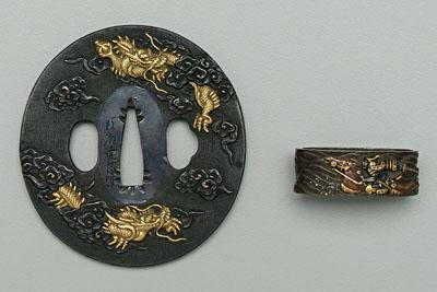 Very fine Japanese tsuba fuchi both kinko mixed metal Goto
