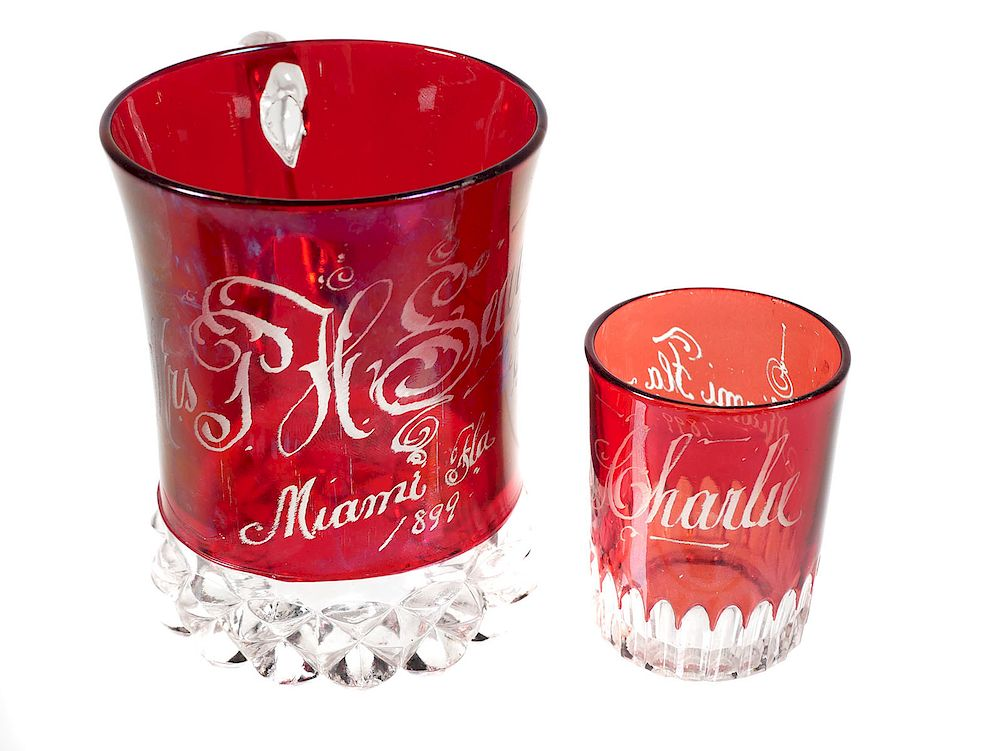 MIAMI Ruby Glass Mug Souvenir Iridescent ruby flash glass engraved