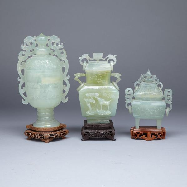 Three Serpentine Carved Vases and Covers Mid 20th Century Each