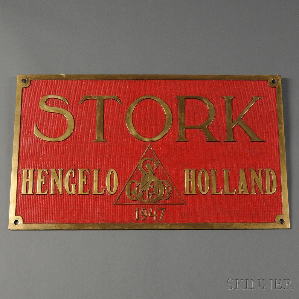Brass and Red painted Stork Plaque Hengelo Holland c 1947