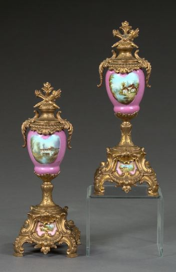 Pair of French Gilt Spelter Mounted Rose du Barry Porcelain