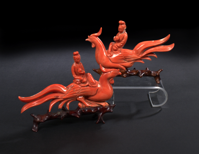 Pair of Chinese Carved Coral Figures each carved as the