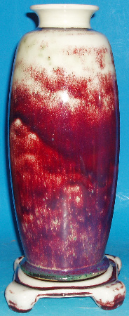 Ruskin High Fired Vase and Stand Decorated In A Cloudy