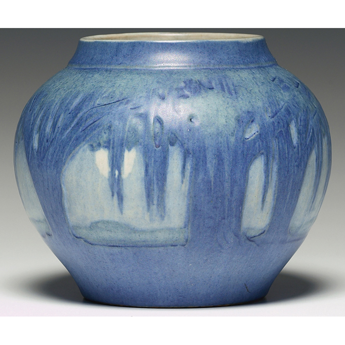 Excellent Newcomb College vase carved and painted landscape with moss