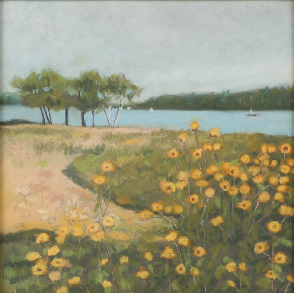 Ray H French American 1919 2000 Lake scene with wildflowers