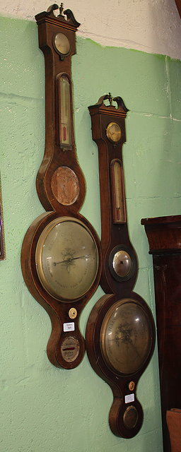A DIAL BAROMETER with swan neck pediment hydrometer thermometer convex