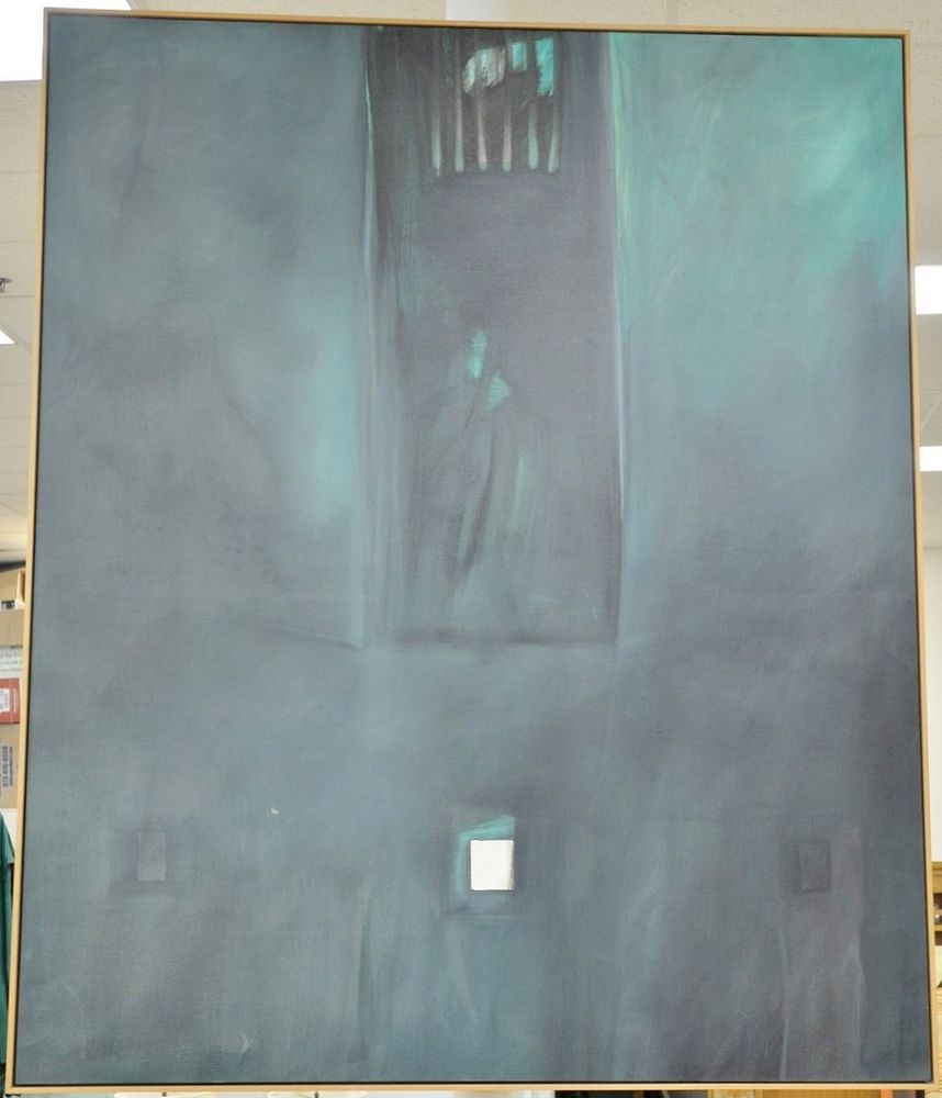 Contemporary oil on canvas unsigned depicts abstract teal blue forms
