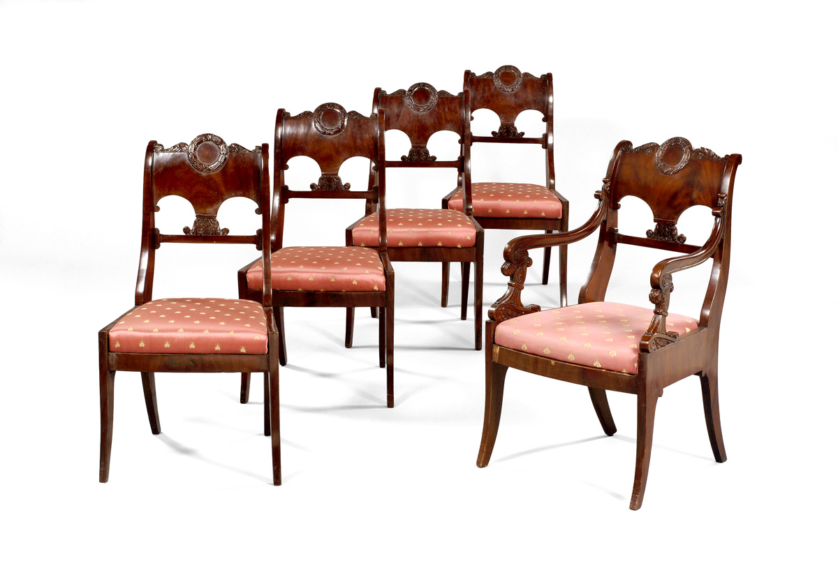 SET OF FIVE RUSSIAN NEOCLASSICAL MAHOGANY SIDE CHAIRS INCLUDING ONE