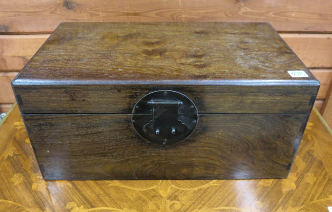 CHINESE ROSEWOOD HINGE TOP BOX with flanking bale handles to