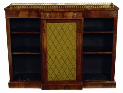 A 19th century rosewood breakfront bookcase the top with a
