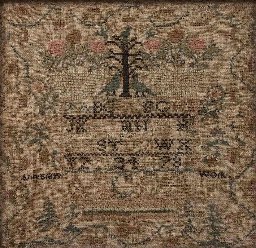 19th c Schoolgirl Sampler Framed 19th c schoolgirl sampler having