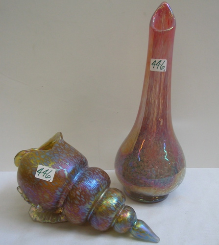 TWO IRIDESCENT ART GLASS VASES One a contemporary bulbous form