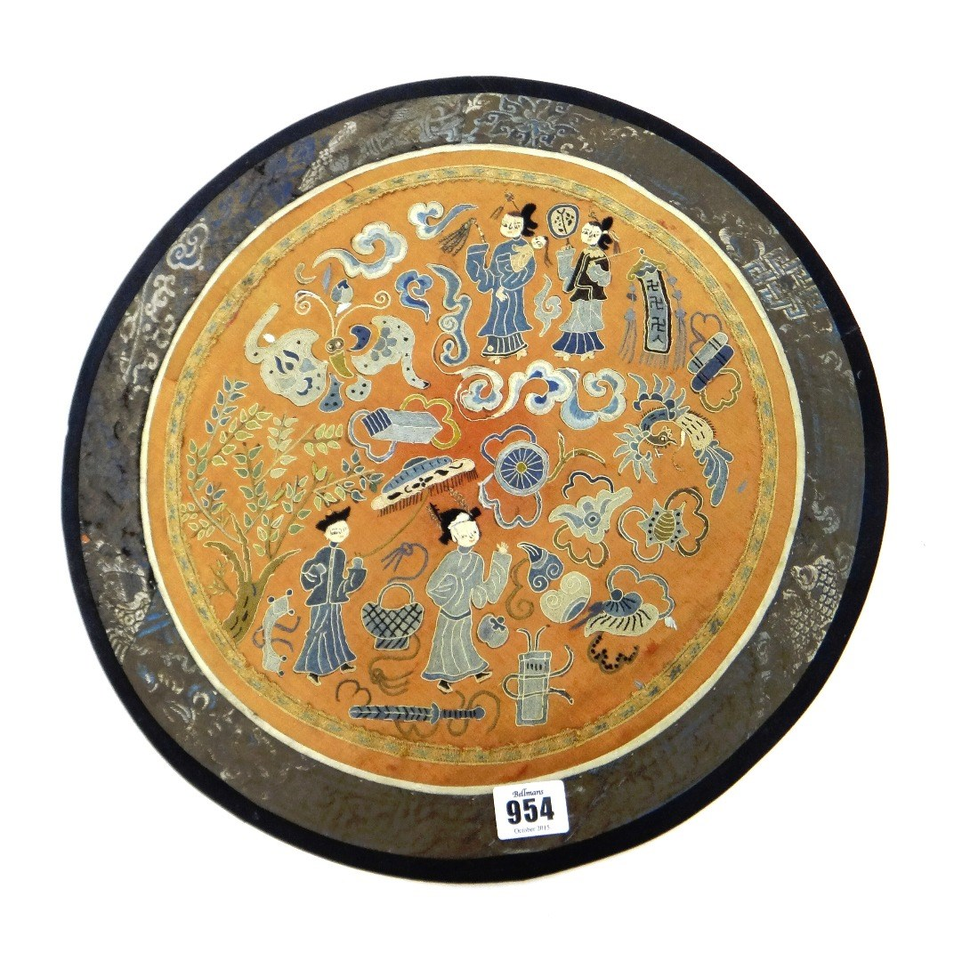 A Chinese silk embroidered circular panel late 19th century worked