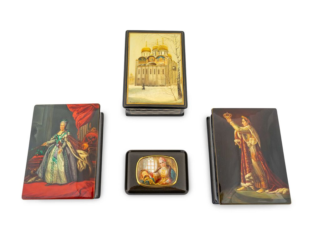 Four Russian Lacquered Boxes Height of largest 2 x width