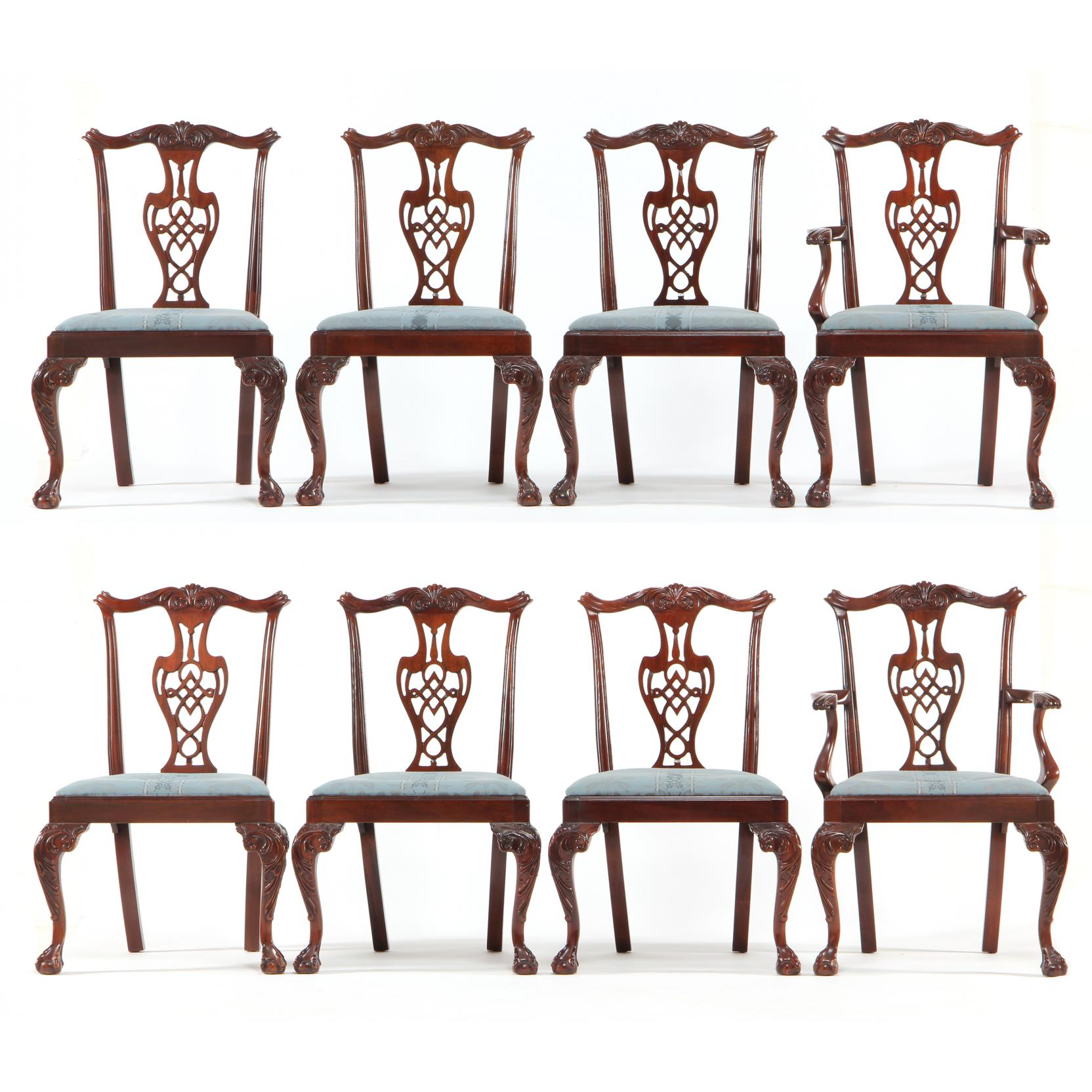 Eight Chippendale Style Dining Chairs late 20th century mahogany two