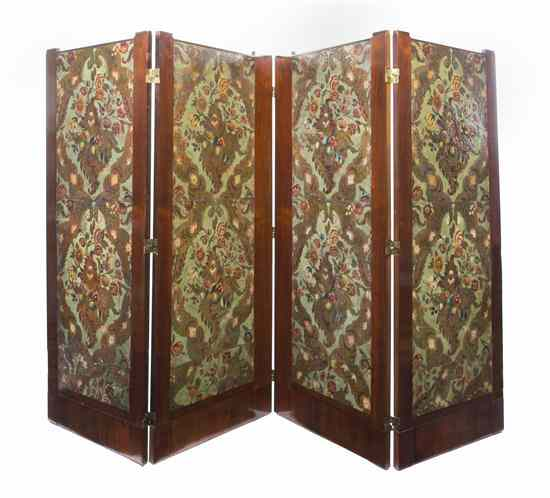 A Continental Tooled and Painted Leather Inset Rosewood Four Panel