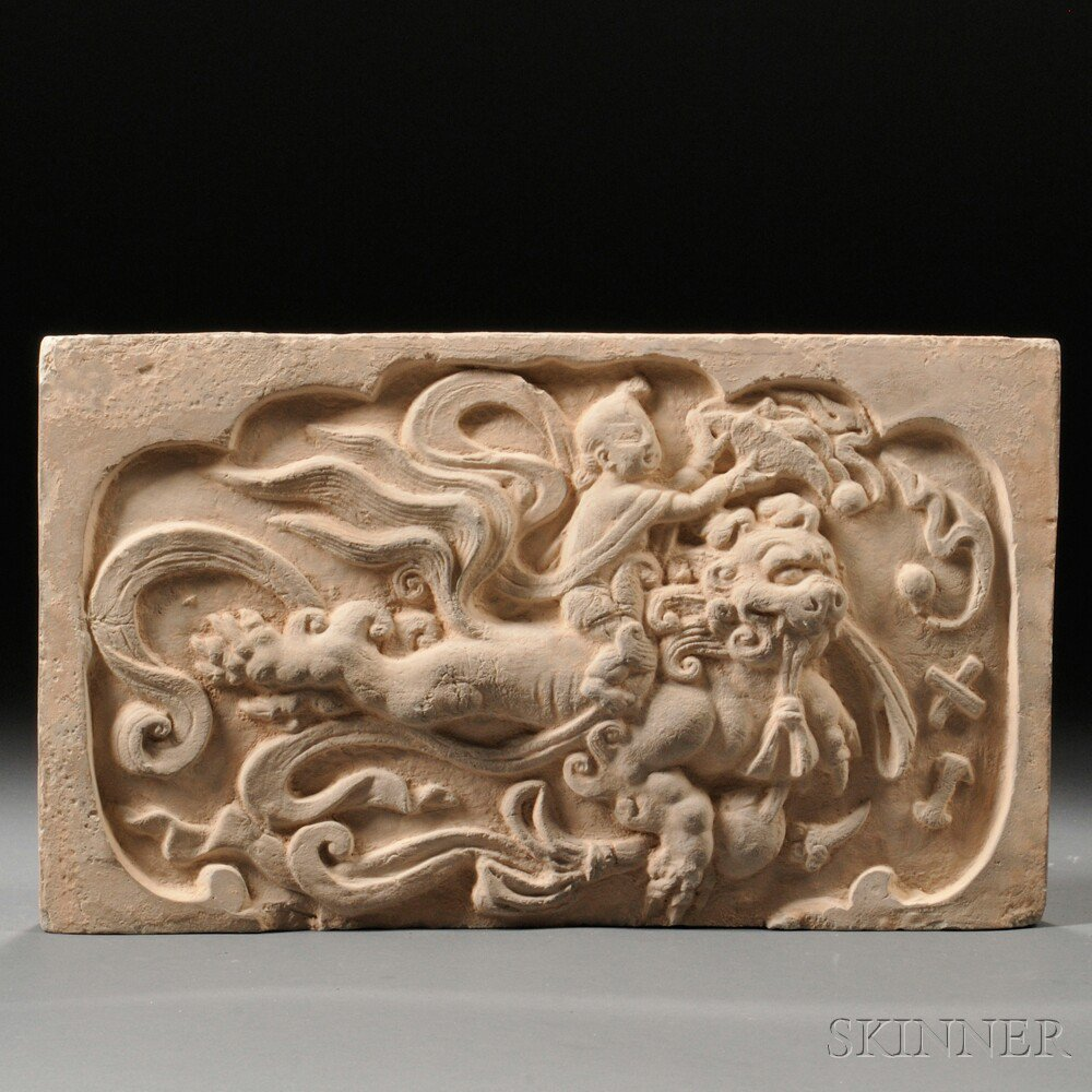 Earthenware Tile China rectangular decorated with a boy riding on