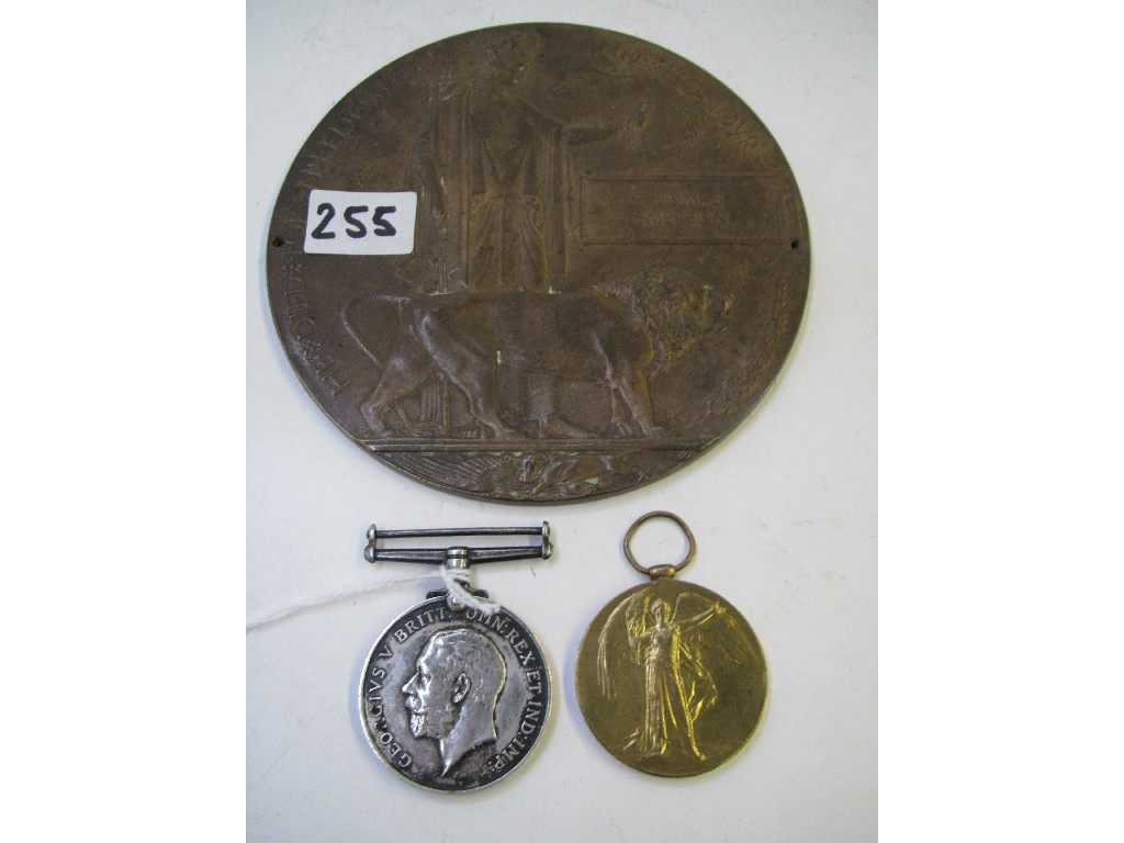 A lot comprising war and victory medals and memorial plaque