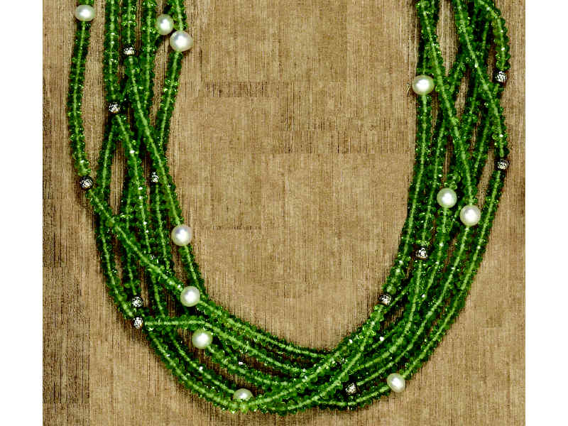 PERIDOT BEAD NECKLACE Six strand faceted peridot beads with 6mm