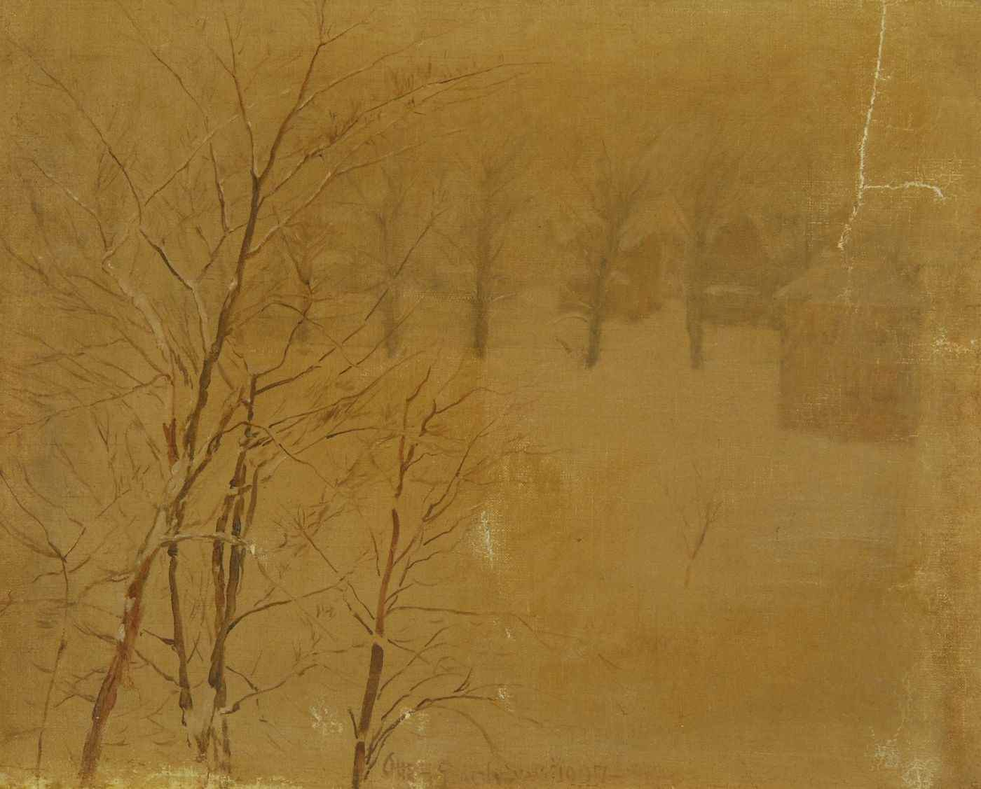 OTTO HENRY BACHERAmerican 1856 1909Winter landscape with trees and haystacks