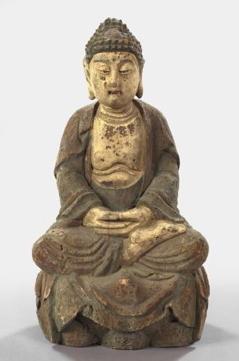Large Chinese Provincial Carved and Polychromed Wooden Figure of Buddha