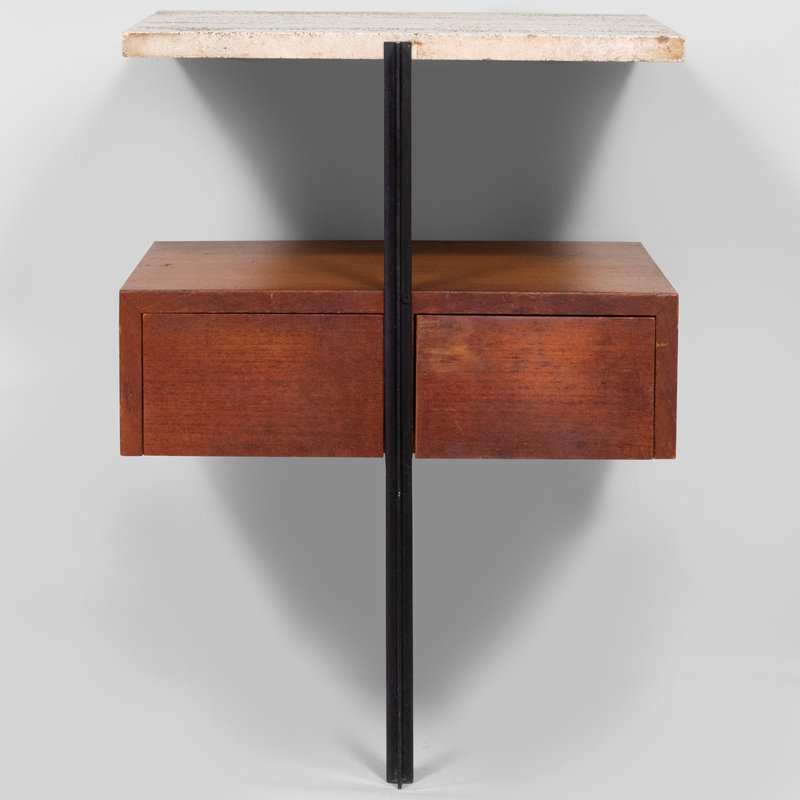 Knoll Travertine Top Metal and Teak Wall Mounted Table Unmarked