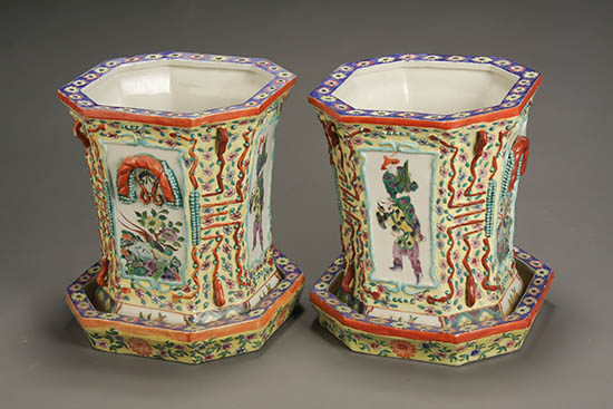 Pair of Chinese Relief Molded Famille Rose Chamfered Jardini res