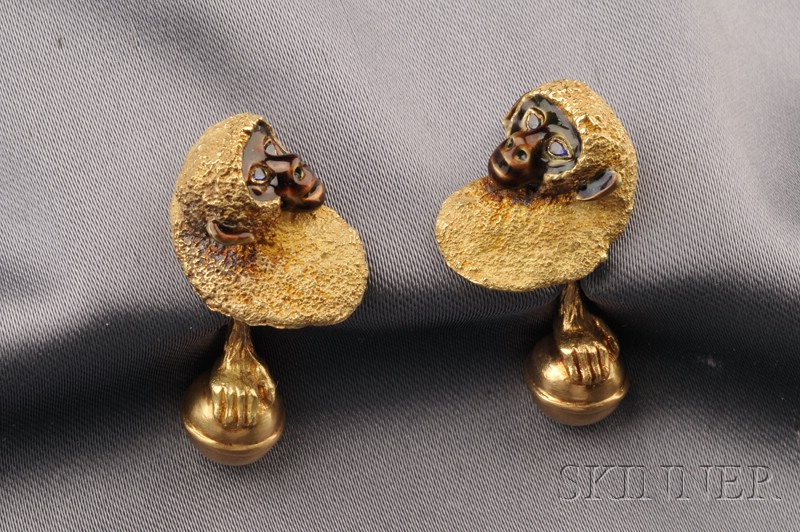 18kt Gold Enamel and Sapphire Monkey Cuff Links Tiffany Co