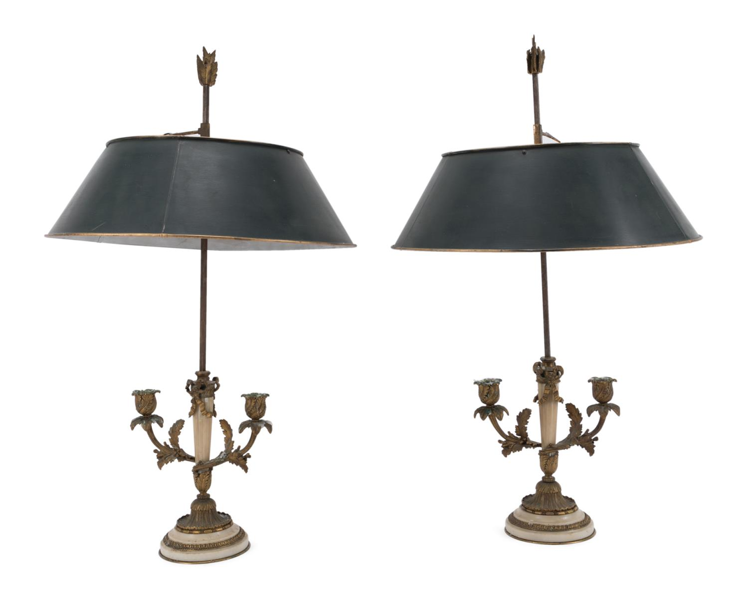 PR FRENCH BRONZE MARBLE BOUILLOTTE CANDLE LAMPS Pair of French