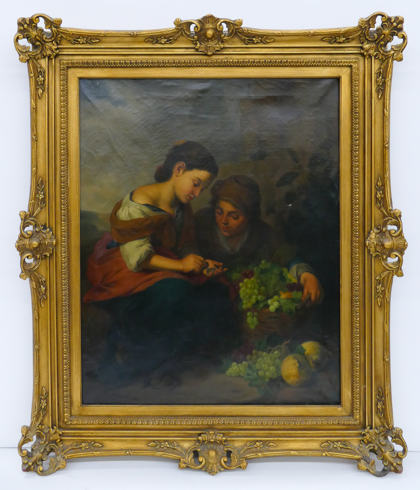 Antique The Little Fruit Seller Oil on Canvas Painting A