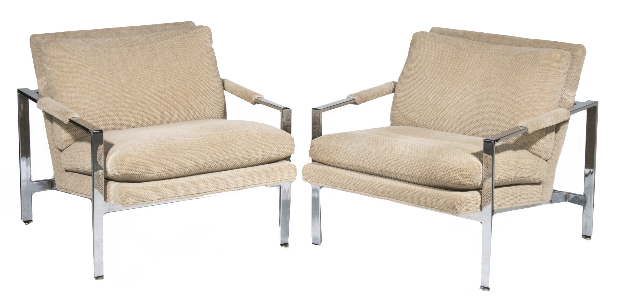PR MID CENTURY LOUNGE CHAIRS Pair of Chrome Framed Upholstered