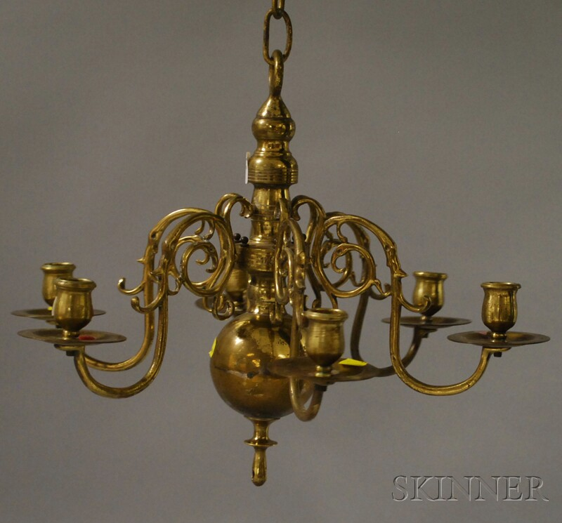 Brass Six light Chandelier late 19th century brass chain with