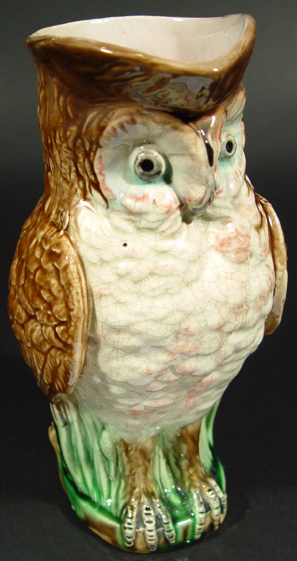 Victorian Majolica owl jug decorated in a brown green and
