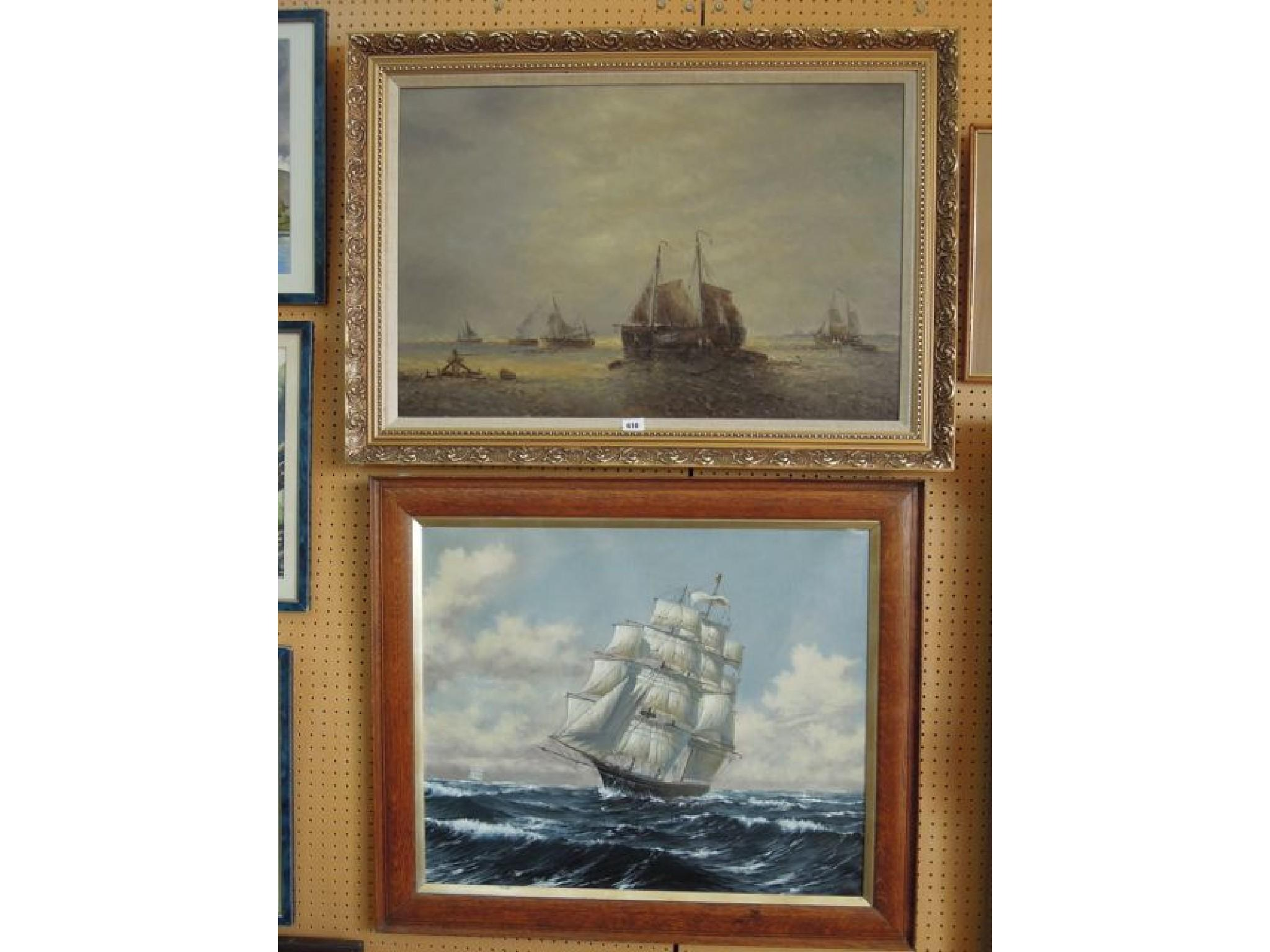 An oil painting on canvas of a marine scene with