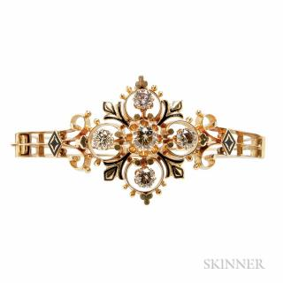 14kt Gold and Diamond Bracelet c 1940s the hinged bangle