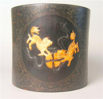 Large Chinese hardwood applied stone and wire inlaid brushpot republic