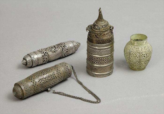 Four Eastern Metalwork Articles Including two scroll holders a cuff