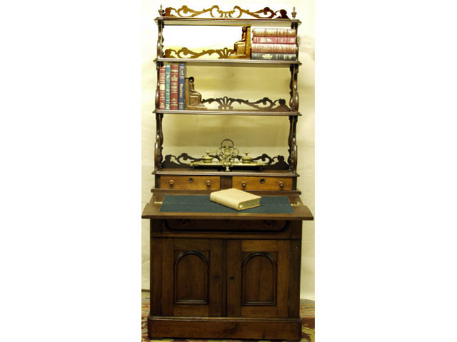 Victorian walnut Renaissance Revival bookcase combination drop front desk Features