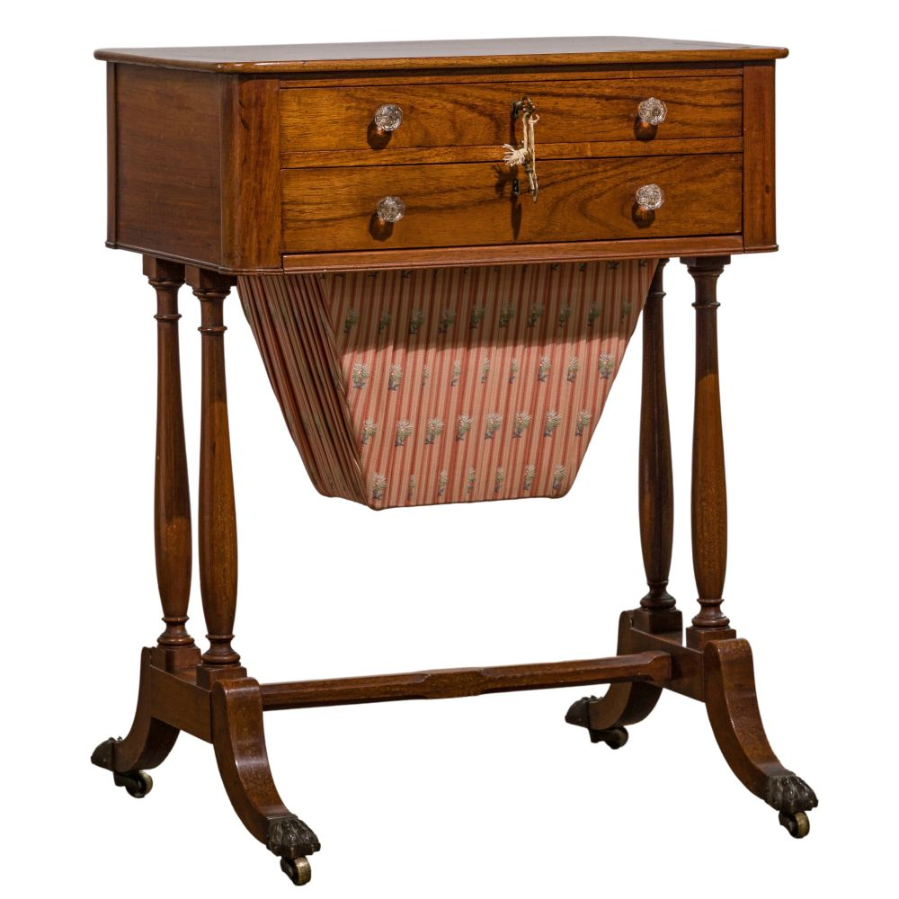 MAHOGANY SEWING TABLE19th century having oak strip inlay to top