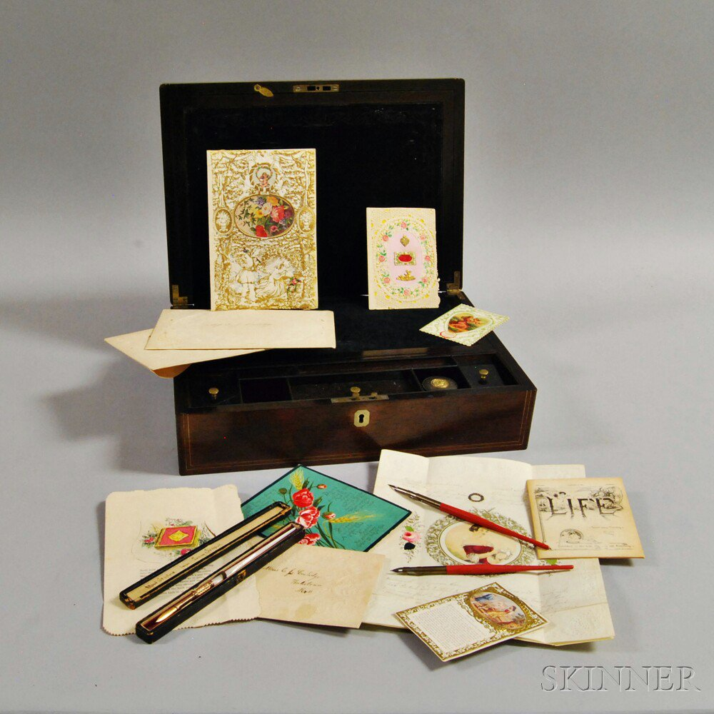 Regency Brass inlaid Rosewood Lap Desk and Writing Accoutrements second