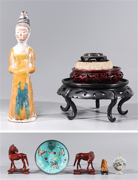 Group of ten various Chinese objects including pewter mounted porcelain